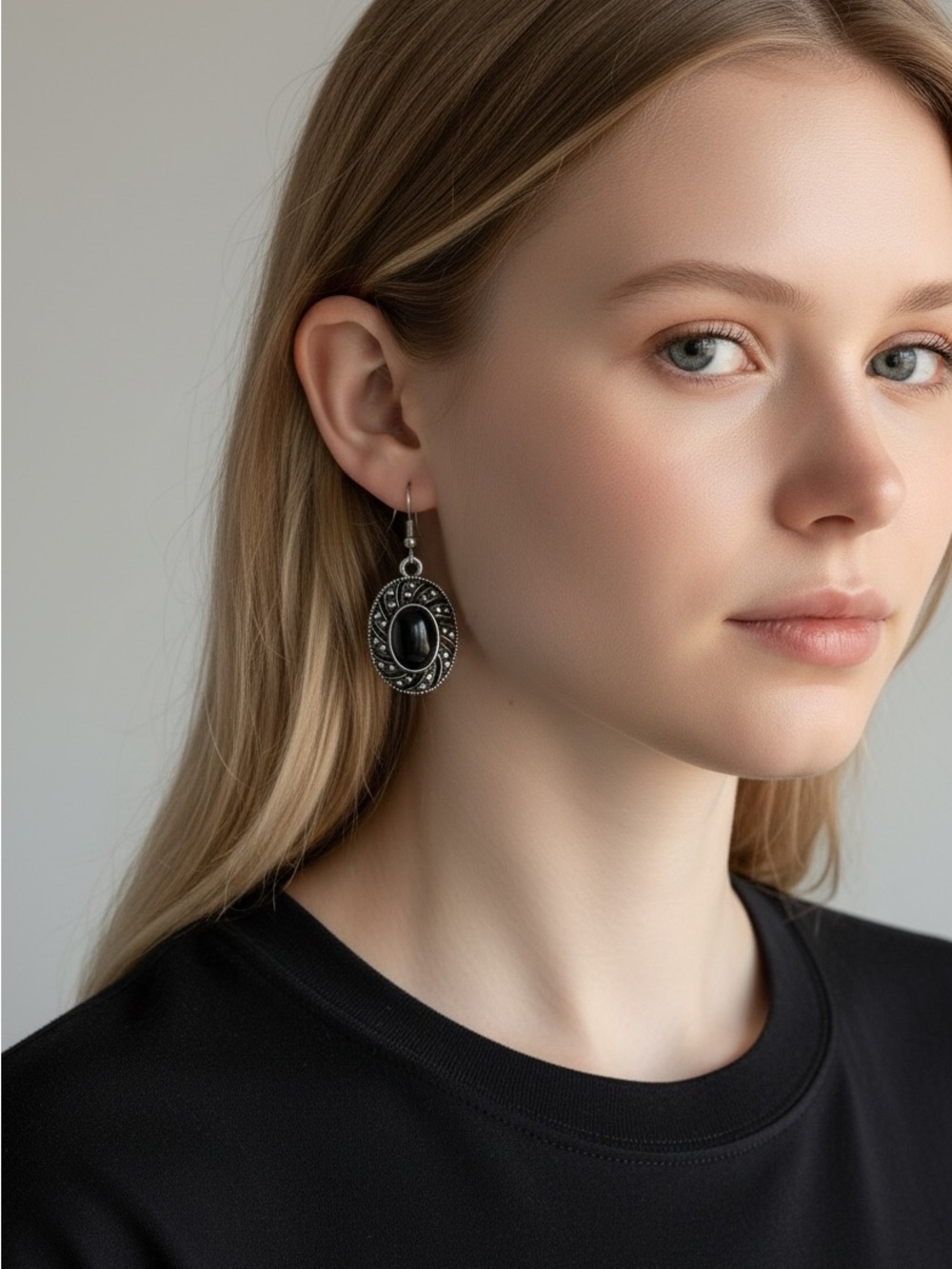 10/8 Black Oval Stone Dangle Earrings - Women Jewelry